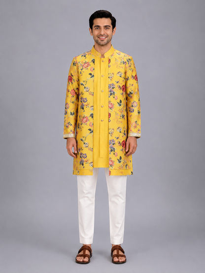 Yellow Kurta Pyjama with attached printed jacket