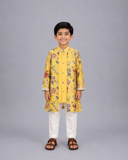 Yellow Kurta Pyjama with attached printed jacket