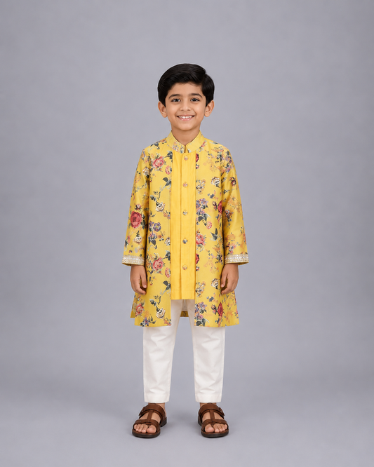 Yellow Kurta Pyjama with attached printed jacket