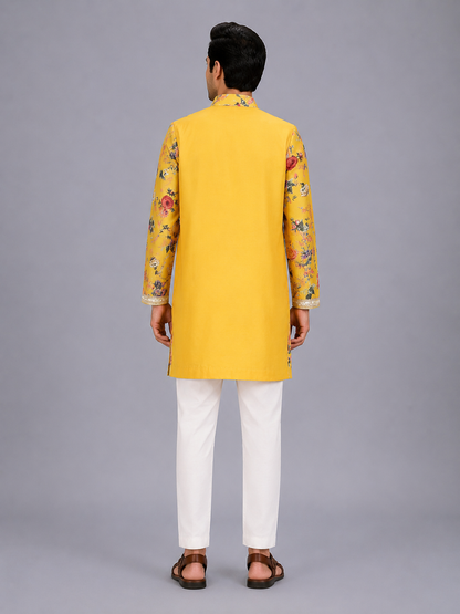Yellow Kurta Pyjama with attached printed jacket