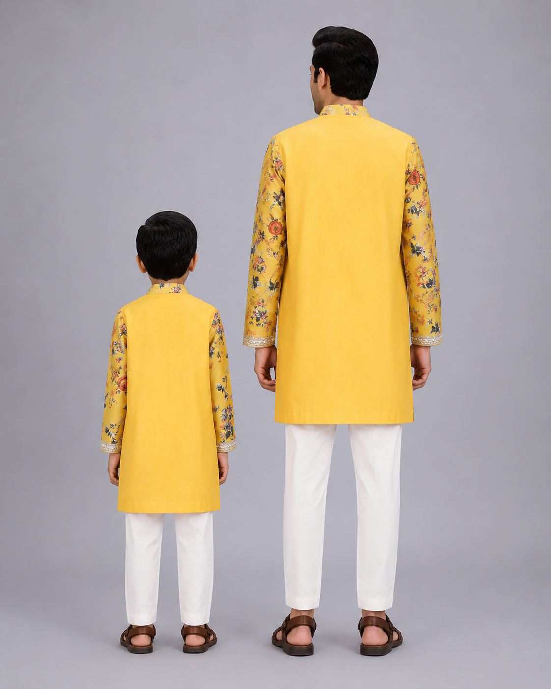 Yellow Kurta Pyjama with attached printed jacket