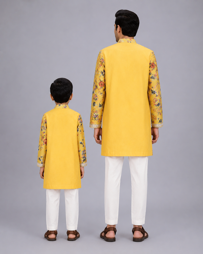 Yellow Kurta Pyjama with attached printed jacket