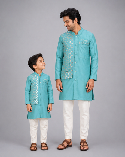 Blue Kurta Pyjama with Attached jacket