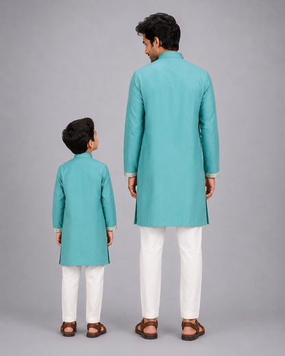 Blue Kurta Pyjama with Attached jacket