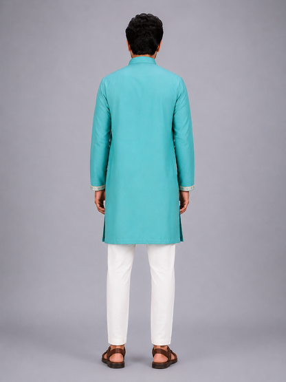 Blue Kurta Pyjama with Attached jacket