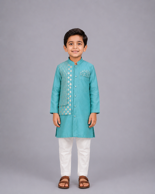 Blue Kurta Pyjama with Attached jacket