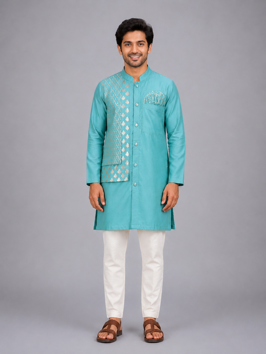 Blue Kurta Pyjama with Attached jacket