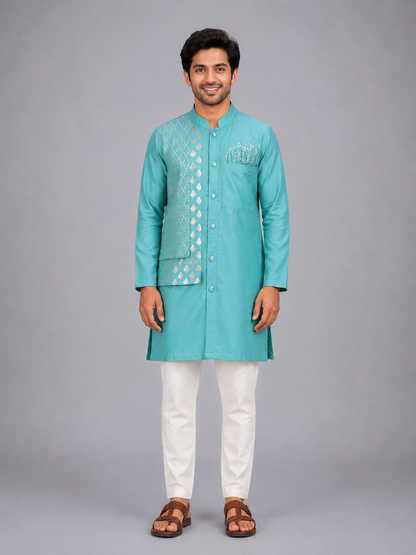 Blue Kurta Pyjama with Attached jacket