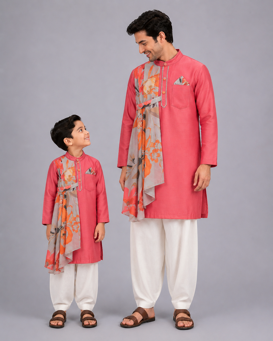 Asymmetric Pleat Coral Printed Kurta Pyjama
