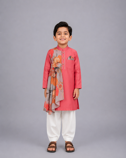Asymmetric Pleat Coral Printed Kurta Pyjama