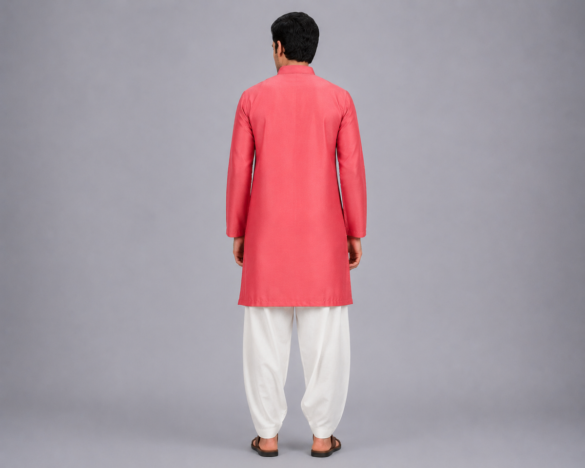 Asymmetric Pleat Coral Printed Kurta Pyjama