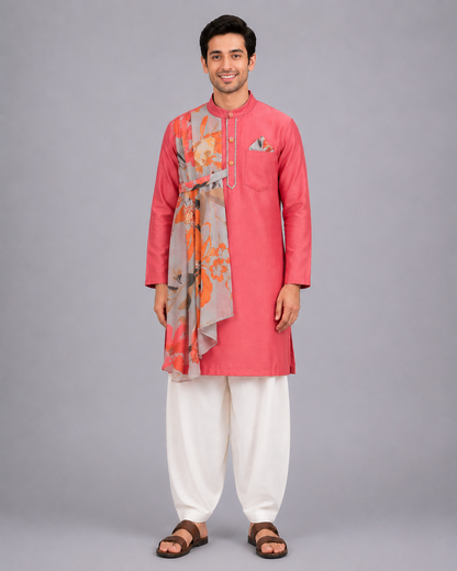 Asymmetric Pleat Coral Printed Kurta Pyjama