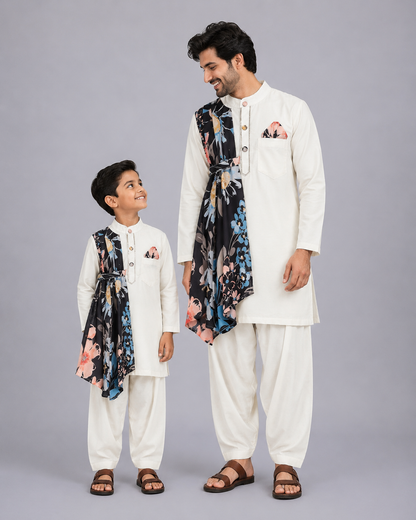 Asymmetric Pleat Print Offwhite Black Kurta Pyjama