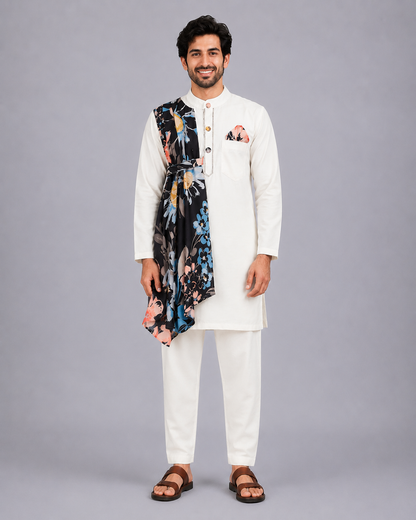 Asymmetric Pleat Print Offwhite Black Kurta Pyjama