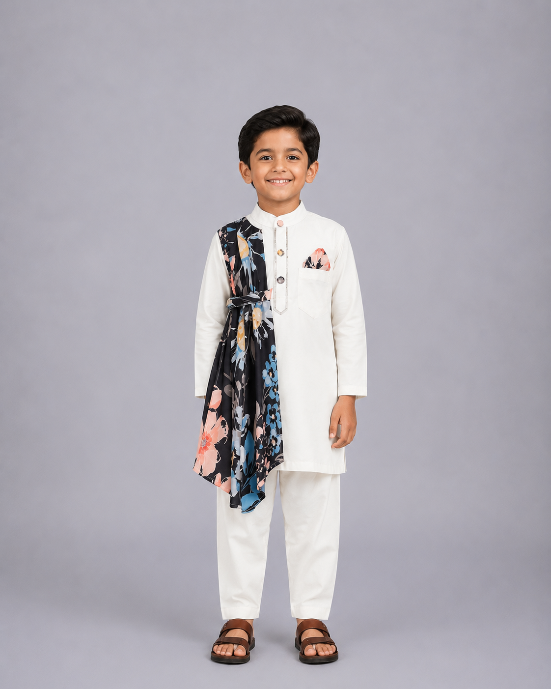 Asymmetric Pleat Print Offwhite Black Kurta Pyjama