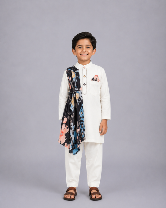 Asymmetric Pleat Print Offwhite Black Kurta Pyjama