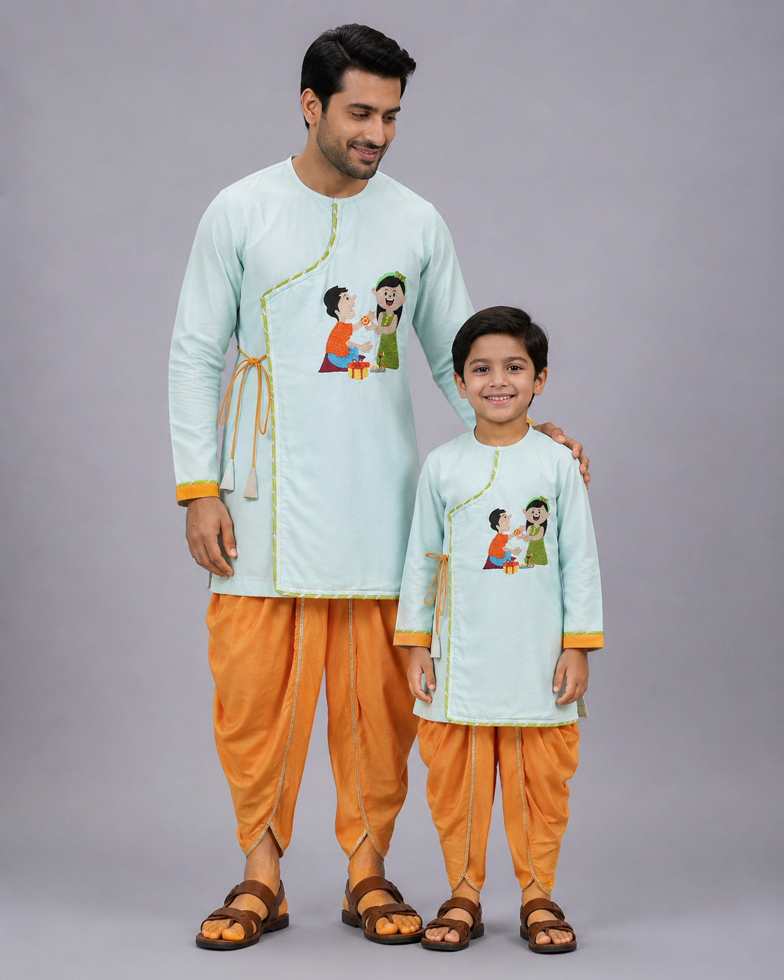 Blue Rakhi Embroidered Angrakha Kurta Dhoti  Set