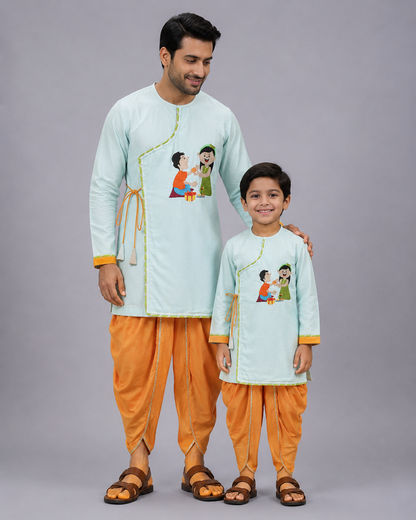 Blue Rakhi Embroidered Angrakha Kurta Dhoti  Set