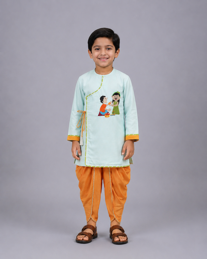 Blue Rakhi Embroidered Angrakha Kurta Dhoti  Set