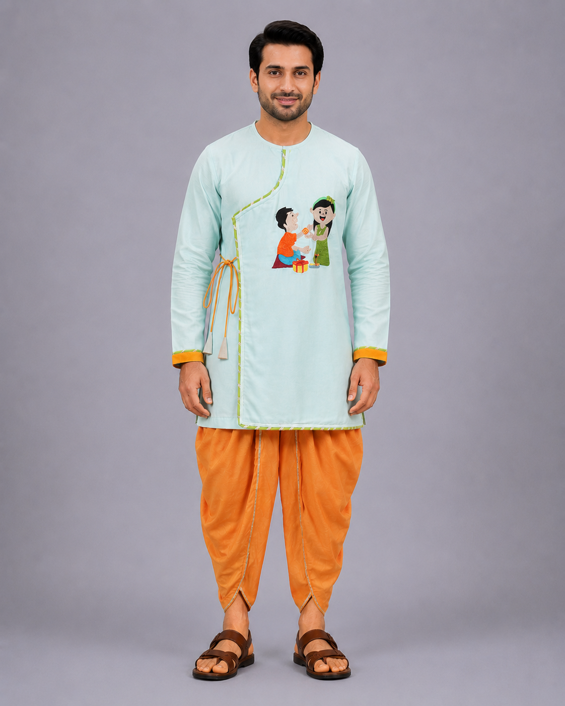 Blue Rakhi Embroidered Angrakha Kurta Dhoti  Set