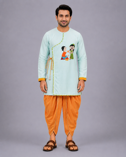Blue Rakhi Embroidered Angrakha Kurta Dhoti  Set