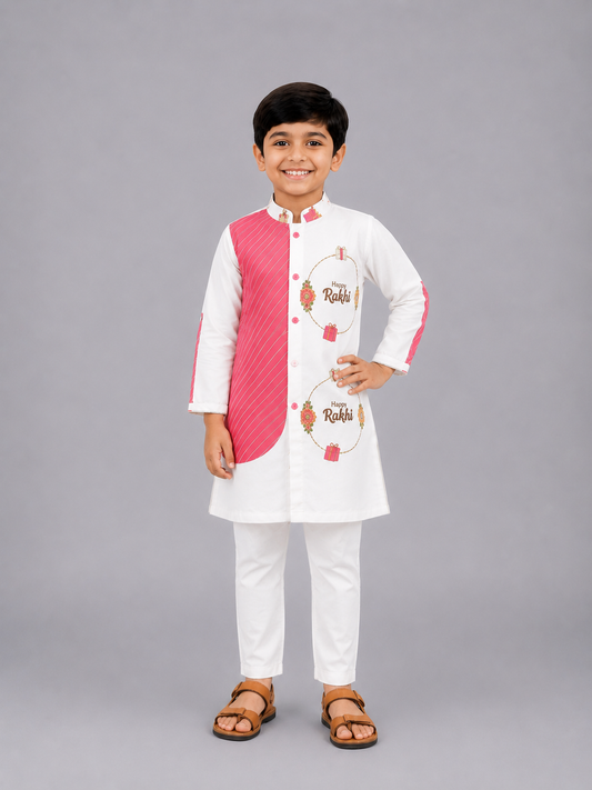 Off White Happy Rakhi Printed Kurta Pyjama set