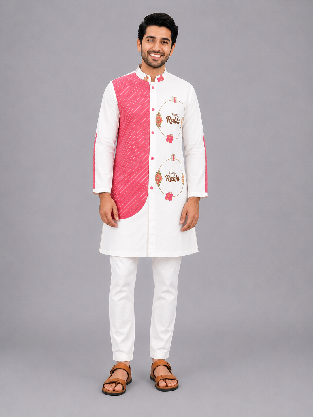 Off White Happy Rakhi Printed Kurta Pyjama set