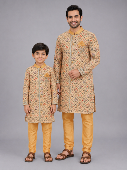 Beige Diamond Mughal printed Kurta Pyjama set