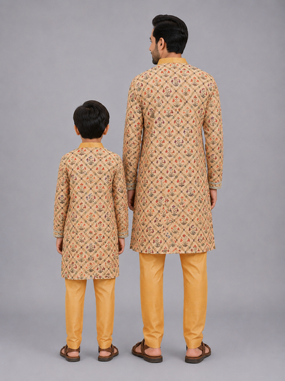 Beige Diamond Mughal printed Kurta Pyjama set