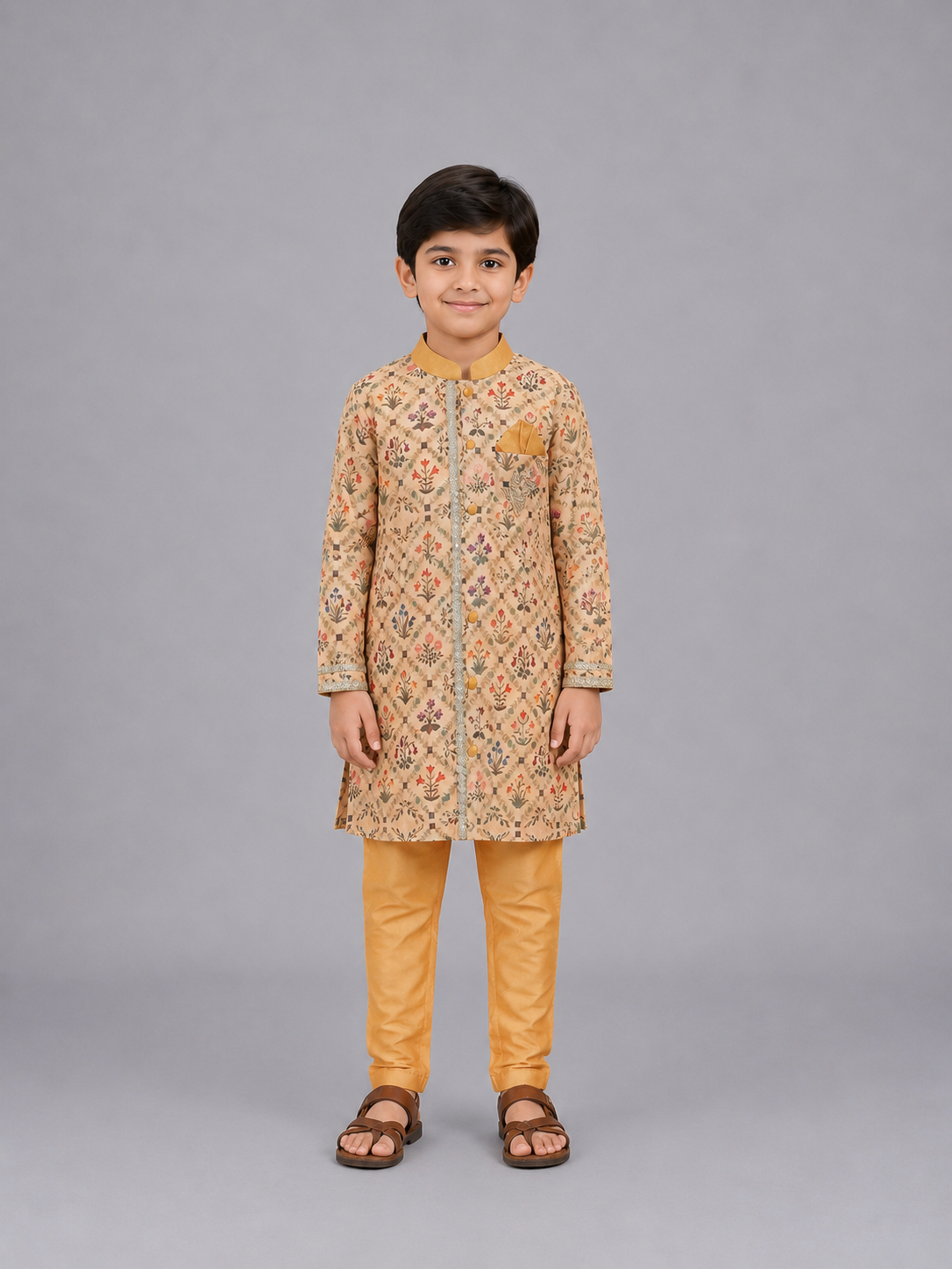 Beige Diamond Mughal printed Kurta Pyjama set