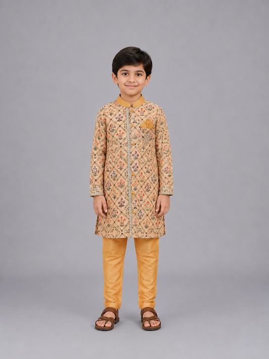 Beige Diamond Mughal printed Kurta Pyjama set