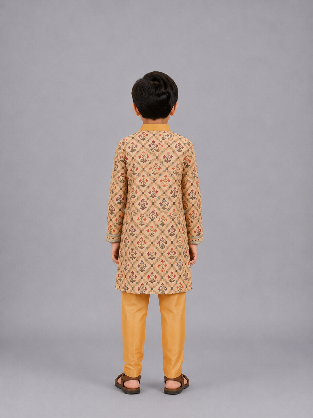 Beige Diamond Mughal printed Kurta Pyjama set