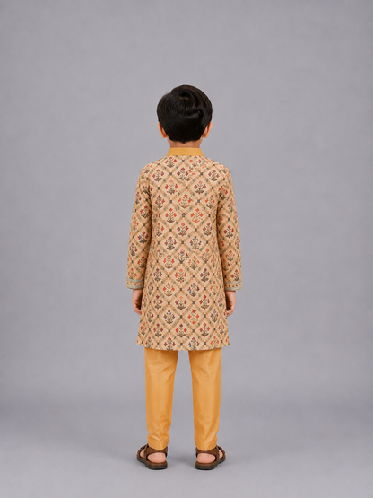 Beige Diamond Mughal printed Kurta Pyjama set