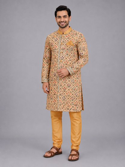 Beige Diamond Mughal printed Kurta Pyjama set