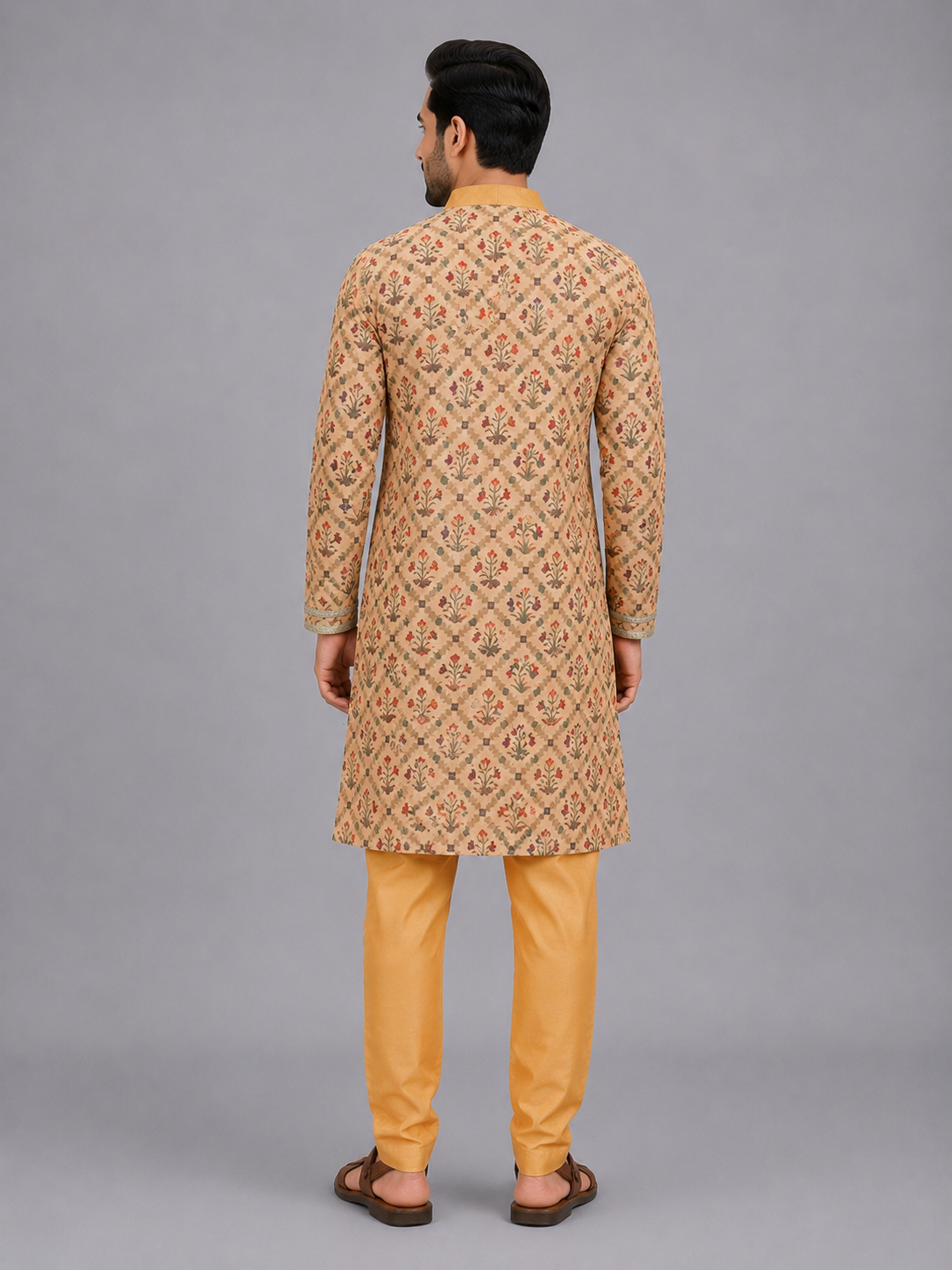 Beige Diamond Mughal printed Kurta Pyjama set