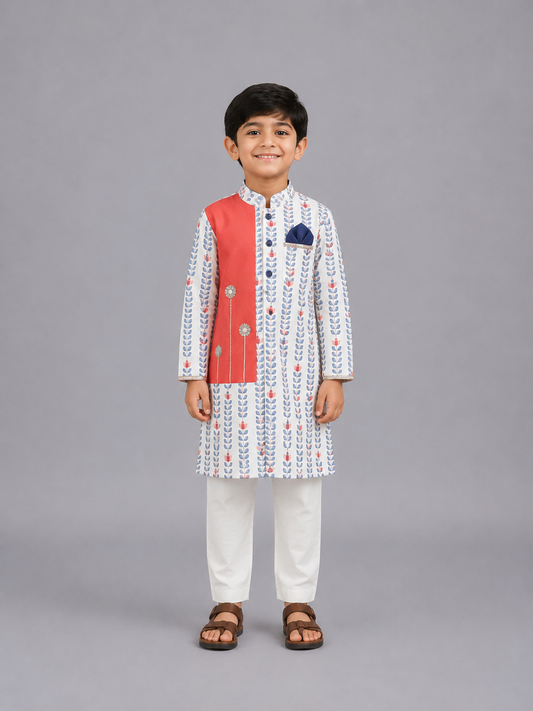 Off White tulip printed Kurta Pyjama set