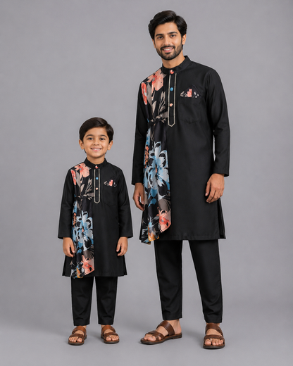 Assymetric pleat print Black Kurta Pyjama