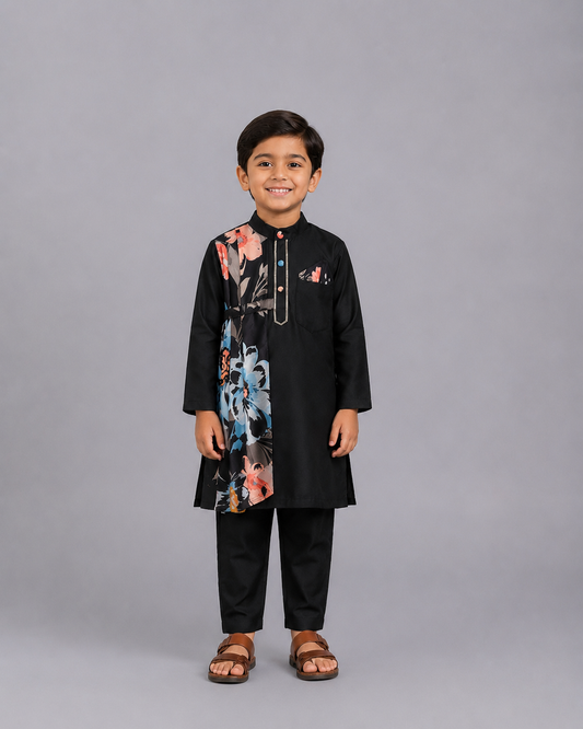 Assymetric pleat print Black Kurta Pyjama