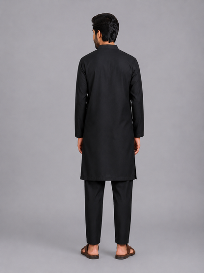 Assymetric pleat print Black Kurta Pyjama