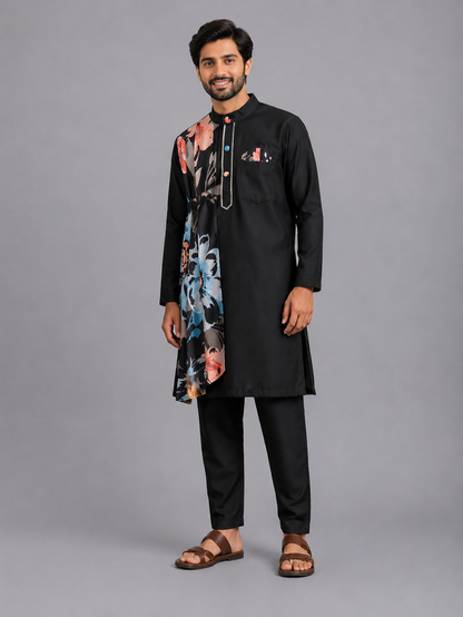 Assymetric pleat print Black Kurta Pyjama