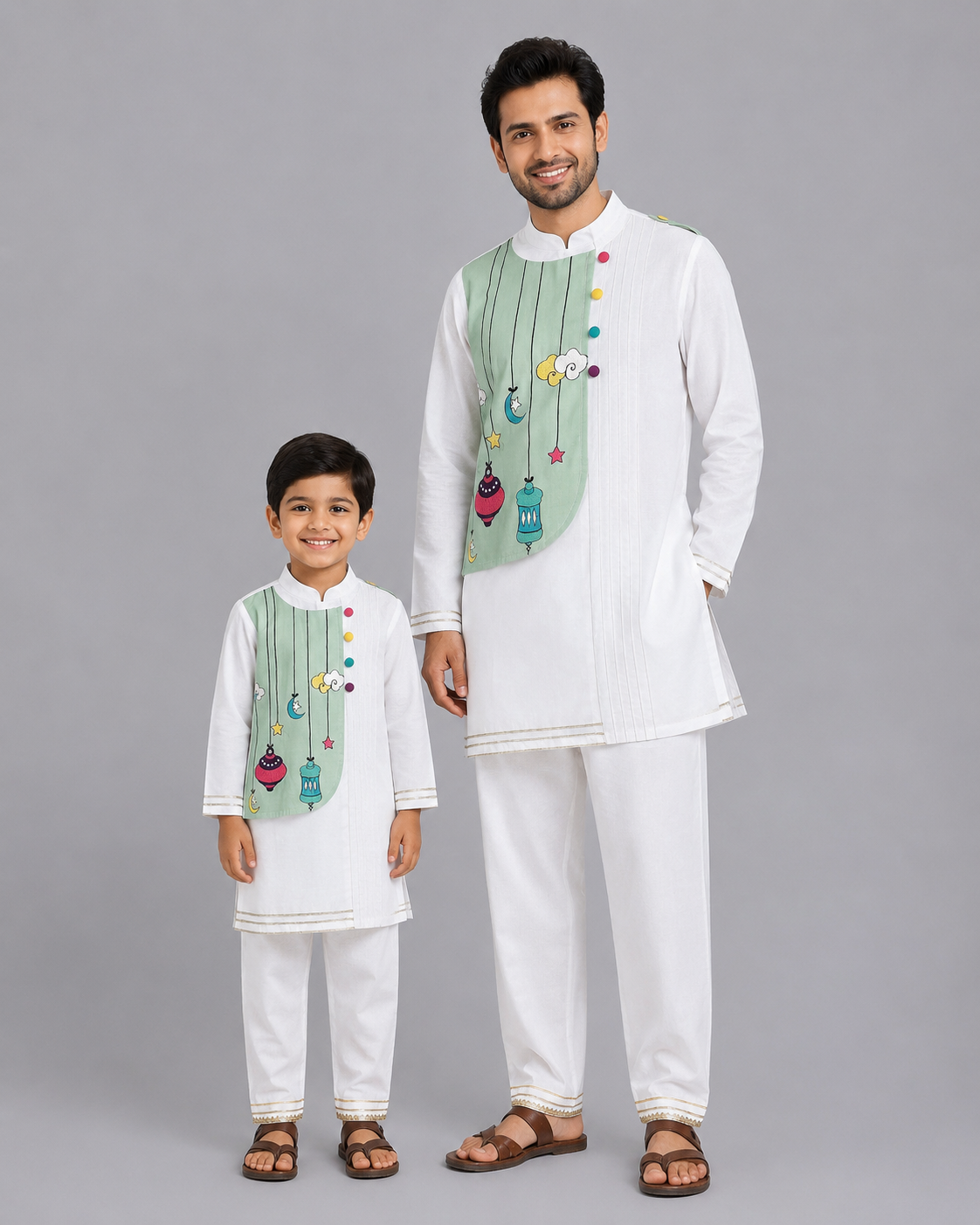 Eid embroidered White Green  Kurta Pyjama set