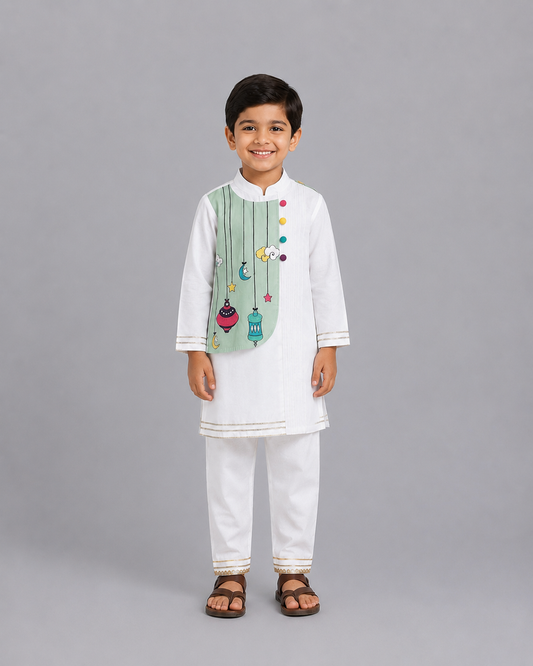 Eid embroidered White Green  Kurta Pyjama set