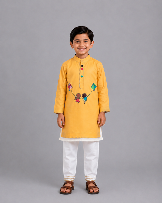 Kite Embroidered White Yellow Kurta Pyjama set