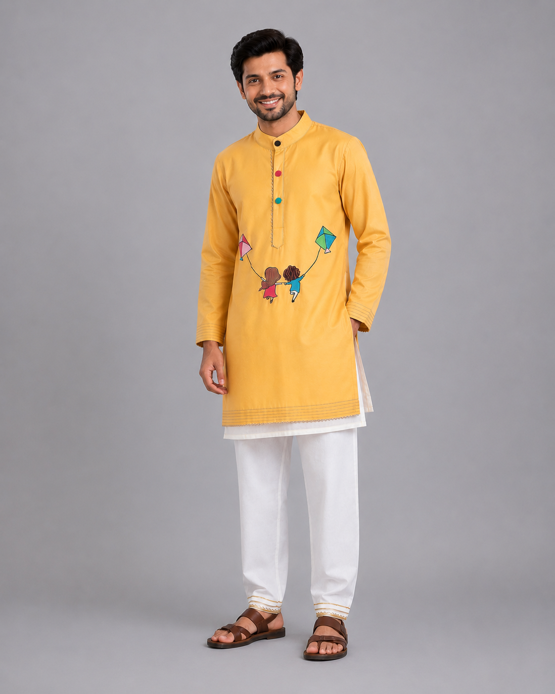 Kite Embroidered White Yellow Kurta Pyjama set
