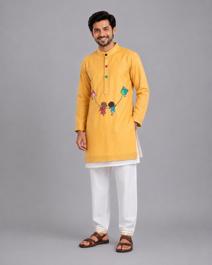 Kite Embroidered White Yellow Kurta Pyjama set