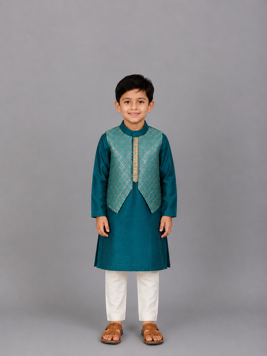 Bottle Green Kurta with Attached Jacket and Pyjama
