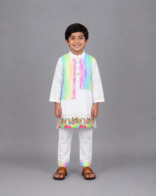 Happy Holi kids Printed Kurta Pyjama set
