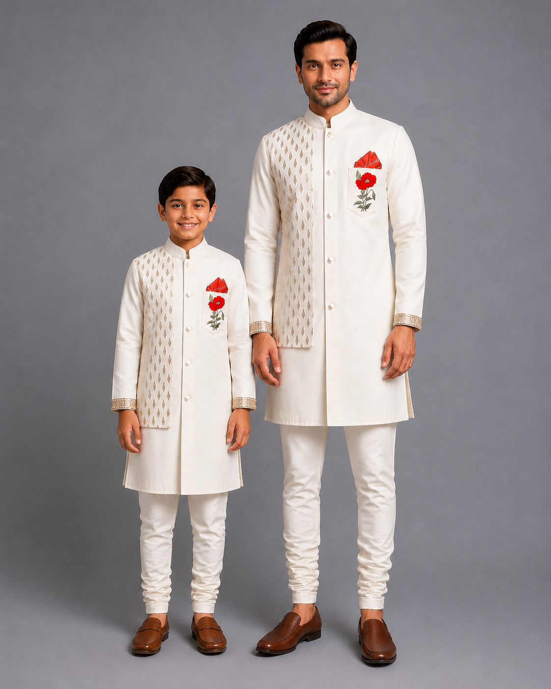 Off white Bandhgala Embroidery set with Churidars