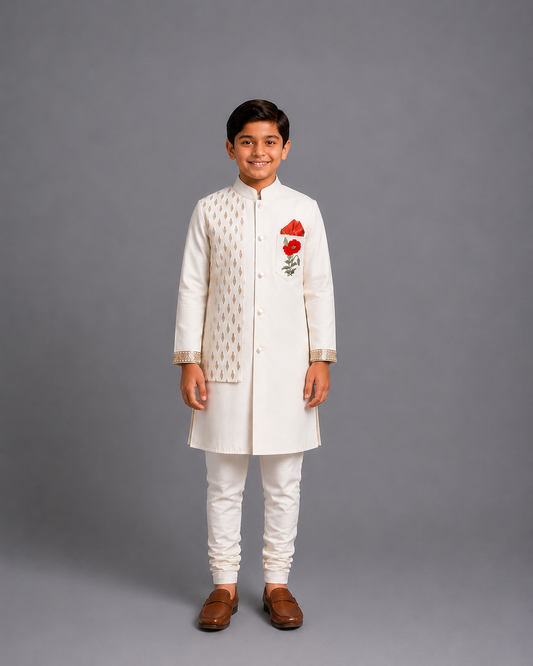 Off white Bandhgala Embroidery set with Churidars