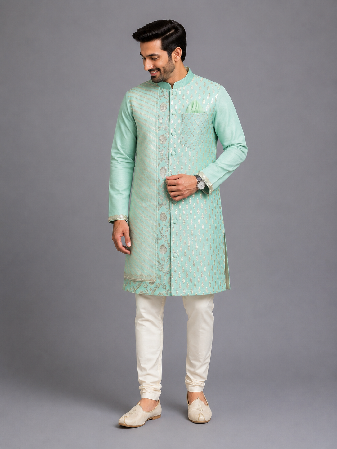 Mint Green  Multi Zari Paneled Kurta Pyjama